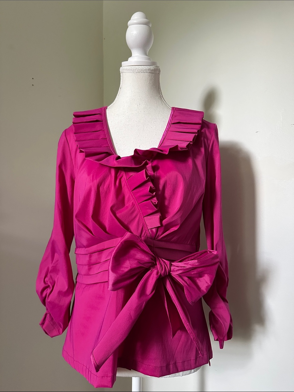 JOSEPH RIBKOFF Vintage Hot Pink Glam Cummerbund Waist Ruffle Bow Blouse Sz 10